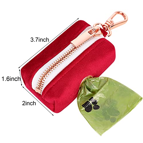 ARING PET Dog Waste Bag Dispenser, Soft Doggy Poop Bags Holders Attach to Any Leashes, Velvet Portable Washable Red Pet Waste Pouch Dispenser with Metal Zipper - color: A:red