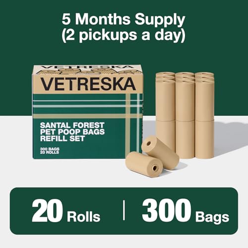 VETRESKA Dog Poop Bags, Leak Proof, Extra Thick and Large Pet Waste Bags for Dog Walking and Cat Litter, Sandalwood & Almond Scented, 300 Bags - size: 1 Count (Pack of 300), style: Santal Forest