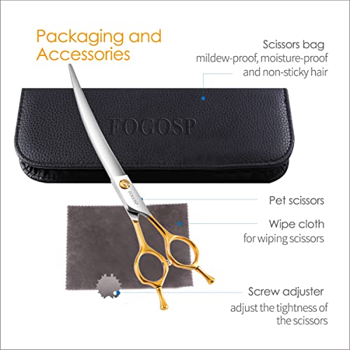 Curved Dog Grooming Scissors Professional 7" Grooming Shears for Dogs Pet Right Handed Groomer Japan 440C Stainless Steel (7 in Curved, Gold) - size: 7 inch, style: Curved