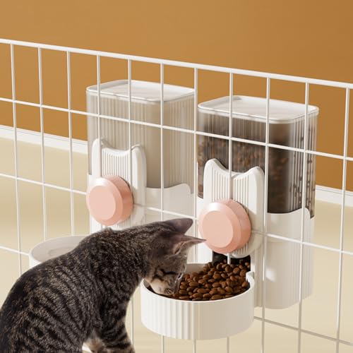 Hanging Cage Automatic Small Pet Food Bowl Water Bottle Dispenser, 1L Auto Gravity Pet Feeder and Waterer Set Kennel Feeding Station Crate Feeder Dish for Rabbit Puppy Cats Ferret (Pink) - color: Pink