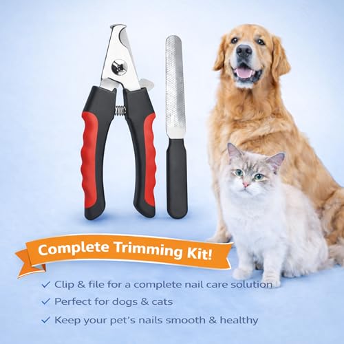 Dog & Cat Nail Clippers & Trimmers - Extra Sharp Dog Clippers with Stainless Steel Blades & Safety Guard to Avoid Overcutting - Ergonomic Cat Nail Clippers with Non-Slip Grip & Lock Feature - color: Red