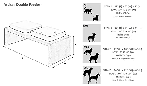 Bowsers Artisan Diner Double Dog Feeder - Handcrafted Rubberwood Frame with Square Ceramic Bowls Feeder for Dogs - Fossil, Medium, 22” x 10” x 6” - color: Fossil, size: Medium