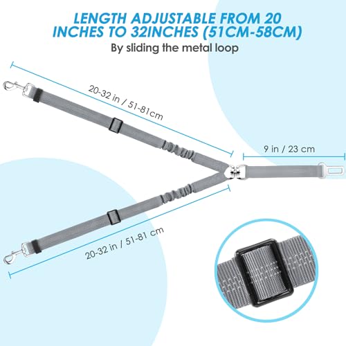 SlowTon Dog Seat Belt, Double Dog Seatbelt Adjustable Vehicle Safety Leash with Elastic Bungee Buffer, Reflective No Tangle Y Shape Two Dog Harness Seat Belt Splitter for Pets Car Trip (Grey, M) - color: G.Grey, size: 2 Medium in 1