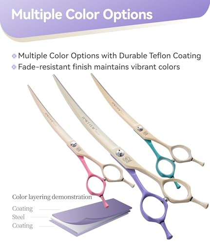 Curved Dog Grooming Scissors with Coating 440C Stainless Steel, 7 inch Professional Curved Shears Dog Grooming,25 Degree of Curved Blade,Pet Shear for Trimming Face and Paw, Violet & White - color: Violet&white