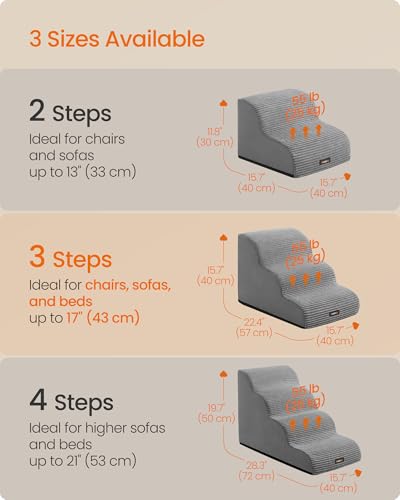 Feandrea 3-Step Dog Stairs, Dog Steps for Bed, Sofa, Waterproof Pet Stairs with Anti-Slip Designs, Gentle Slope, Removable Washable Cover, Handle, Dove Gray UPPS003G01 - size: 3-Step