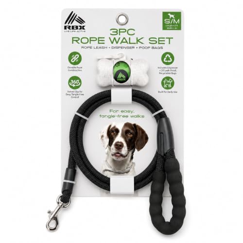 RBX Rope Dog Leash Set, 5 ft Padded Handle Leash for Small/Medium Dogs with 360° Swivel Clip, Poop Bag Dispenser, 20 Waste Bags, Durable Walking Lead for Daily Use - color: Black