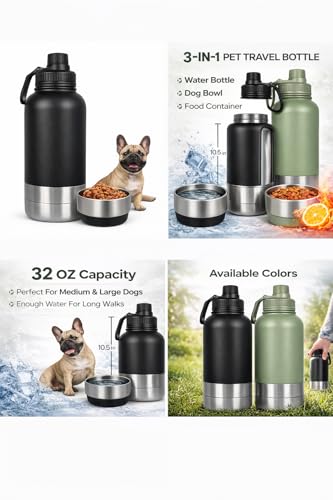 Portable Dog Water Bottle with Built-in Bowl, Leakproof Pet Travel Water Dispenser, 32oz Stainless Steel Dog Water Bottle for Walking, Hiking, Camping & Outdoor Travel
