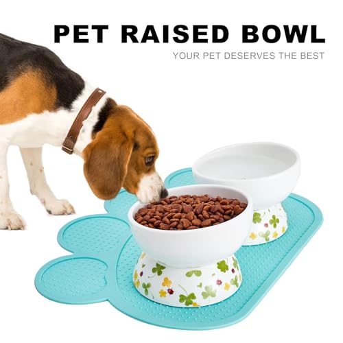 Ceramic Elevated Cat Food and Water Bowls - 2 Pack Small Dog Feeding Set With Tilted Design and Anti-Slip Silicone Mat - color: lucky color