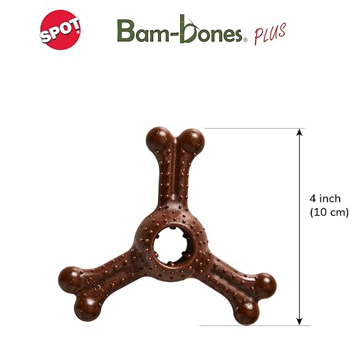 SPOT Bam-Bones Plus Triple Chew - Bamboo Fiber & Nylon, Durable Long Lasting Dog Toy for Aggressive Chewers – Great for Adult Dogs & Teething Puppies Under 30lbs, Non-Splintering, 4in, Bison Flavor - size: 4 in (2-Pack)