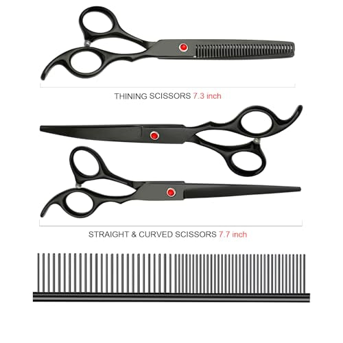 Dog Grooming Scissors Kit, Premium Stainless Steel Dog Shears with Curved Shears, Sharp Durable for Dogs Cats+Black 4 Piece - color: Black 4 Piece