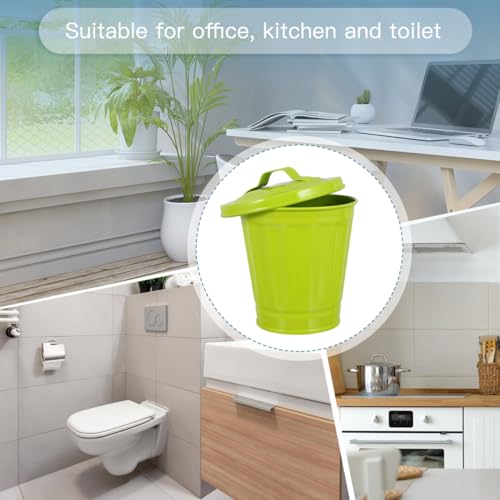 VOSAREA Desk Trash Can with Lid, Iron Metal Wastebasket Small Garbage Bin and Retro Flower Pot for Bathroom Bedroom (4.32 Inch Green) - color: Green