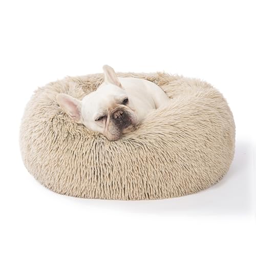 SAVFOX 23 inches Calming Donut Dog Bed - 3X Durable Plush Faux Fur, Machine Washable & Non-Slip, Fits up to 25 lbs, Beige - color: Beige, size: Small | 23"x23"