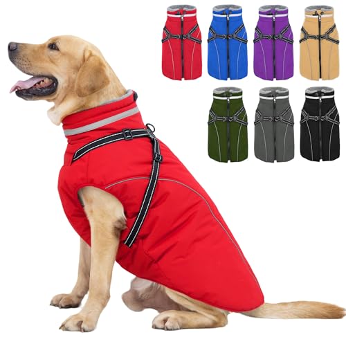 Fragralley Dog Coat with Harness Built in, Waterproof Windproof Reflective Warm Puffer Jacket, Fleece Lined Vest Winter Parka for Small, Medium, Large Dogs - color: Red, size: X-Small