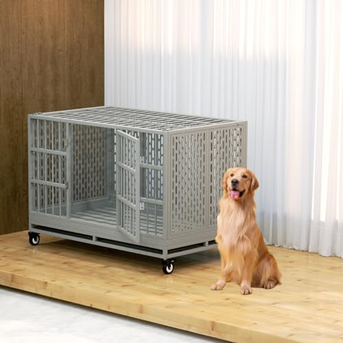 Snuowu 48 Inch Heavy Duty Dog Crate with Wheels, Folding Metal Big Dog Cage for Large and Medium Dogs, Extra Large XL XXL Indestructible Dog Crate with Removable Tray. - size: 48-Inch Silver (Fold)