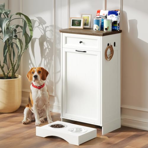 FIMELLO 21 ''WX 13''DX39''H Dog Feeding Station with 2 Feeding Bowls, Tilt-Out Dog Food Storage Cabinet with Drawer,Pet Feeder Cabinet,White Grain - color: White Grain, size: 21 inches