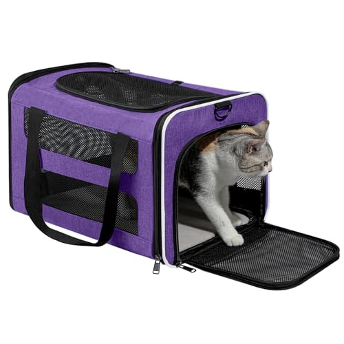 Cat Carrier Soft-Sided Travel Bag for Medium to Large Cats Over 15lbs, Small Dog Carrier Crate Top Entry Breathable Mesh Puppy 12 Pounds, Pet Rabbit Carrying Cage Kennel Collapsible Purple - color: Purple