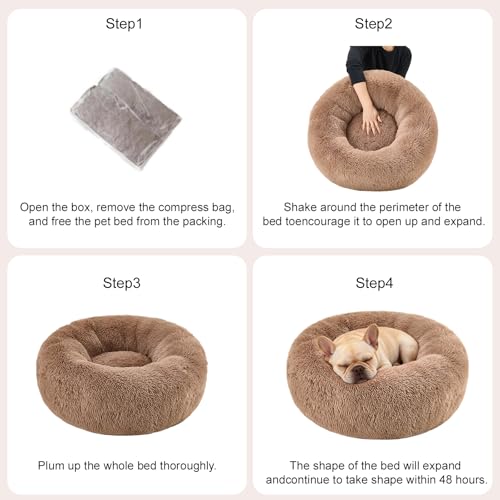 Dog Calming Beds for Small Medium Large Dogs - Round Donut Washable Puppy Dog Bed, Anti-Slip Faux Fur Fluffy Donut Cuddle Anxiety Cat Pet Bed(20'' Khaki - color: khaki, size: 20"L x 20"W x 8"Th