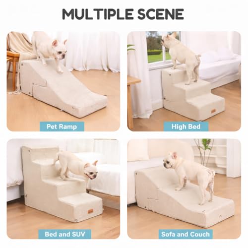 5-Step Dog Stairs and Ramp for Small Dogs and Cats, Pet Steps for High Bed with Non-Slip Bottom, Beige