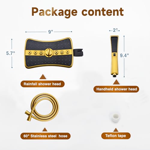 BRIGHT SHOWERS Dual Shower Head with Handheld, High Pressure Rainfall Shower Head Combo, 60-Inch Stainless Steel Hose, Brushed Gold - color: Brushed Gold, size: 2.5 Gallon Per Minute