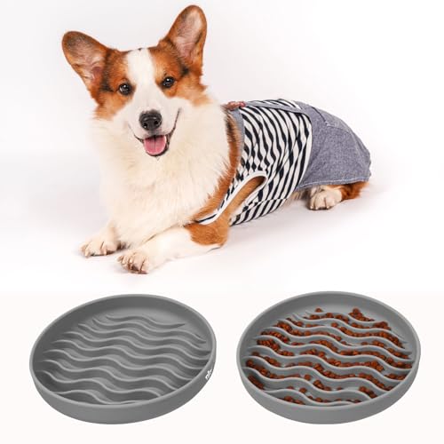 Slow Feeder Dog Bowls, Silicone Food Bowl Anti-Gulping, Pets Puppy Slow Feeder with Suction Cups, Dishwasher Microwave Safe for All Small Medium Dogs, Wave Design Grey - color: grey
