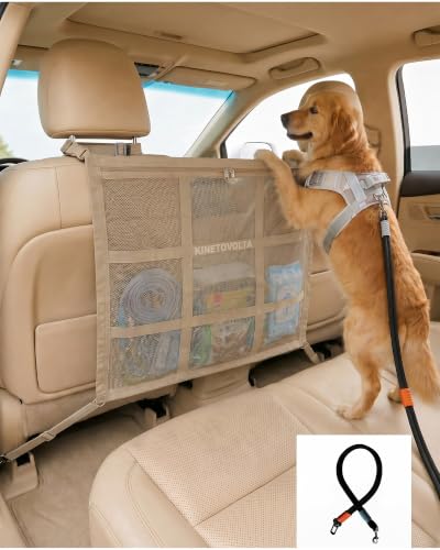 Dog Car Net Barrier 9-Grid Reinforced Easy Install | Beige, includes dog seat belt for car. Double mesh, storage pocket. Breathable, fits SUVs sedans trucks. Keeps dogs safe.