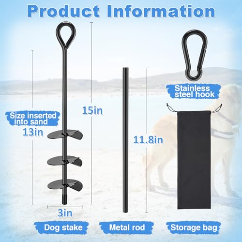 Beach Dog Stake Anchor - 360° Swivel Dog Tie Out Stake for Dogs Up to 250 lbs, Heavy Duty Beach Essentials for Outside Yard Ground Sand Camping