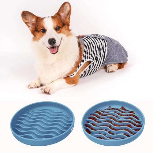 Slow Feeder Dog Bowls, Silicone Food Bowl Anti-Gulping, Pets Puppy Slow Feeder with Suction Cups, Dishwasher Microwave Safe for All Small Medium Dogs, Wave Design Blue - color: blue