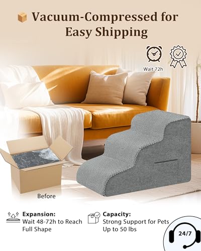 Dog Stairs for Bed & Couch, 15.7"H 3-Step High Density Foam Dog Steps for Small & Senior Dogs, Non-Slip Stable Pet Stairs for Sofa, Bedside, Balanced Bedroom Doggy Ramp with Removable Cover - size: 3-Step 15.7"H