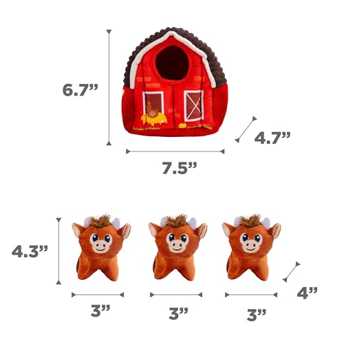Outward Hound Hide-A-Cow Dog Toy, 2-in-1 Interactive Hide & Seek Plush Puzzle with Barn & 3 Squeaky Highland Cows - color: Cow