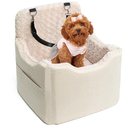Dog Car Seat for Small Medium Dogs - 6.7inch Elevated Dog Booster Car Seats with Deluxe Rose Plush, Washable Safety Pet Carseat Travel Bed with 2 Safety Belts and Storage Pockets(Beige) - color: Beige