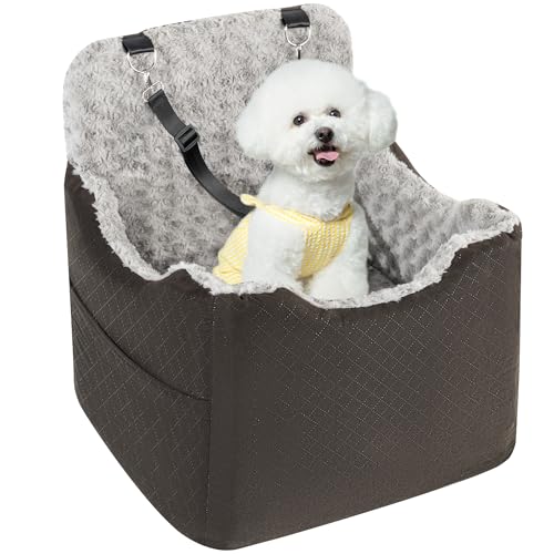 Dog Car Seat for Small Medium Dogs - 6.7inch Elevated Dog Booster Car Seats wih Soft Rose Velvet, Washable Travel Pet Carseat with 2 Safety Leashes and Storage Pockets(Grey/Black Coffee) - color: Black Coffee/Grey