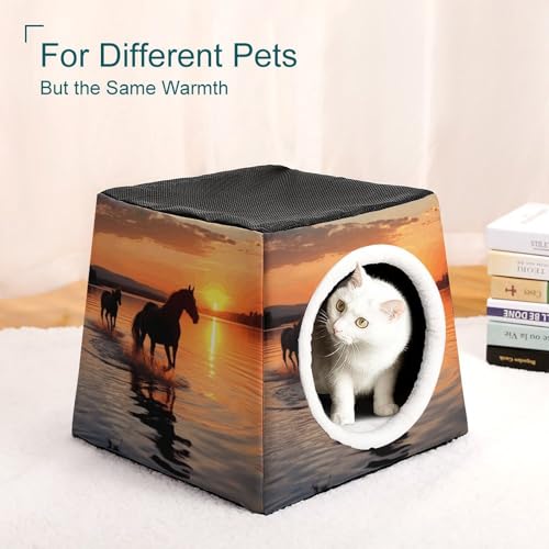 Collapsible Soft Dog Crate Pet Kennel Houses Sunsets Lake Horses Printed Lightweight Travel Crate Kennel Indoor & Outdoor, 13.8"x13.8"x11.8"