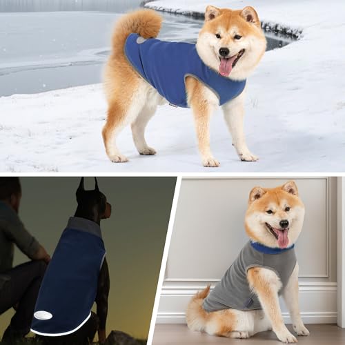cyeollo 2 Pack Fleece Dog Sweater Pullover Vest with Reflective Stripe, L | 4-Way Stretch, Lightweight Soft Fleece Sweatshirt, Reflective in Low Light, Easy On & Off, Wear Alone or Layered - color: 2# Navy & Grey, size: Large