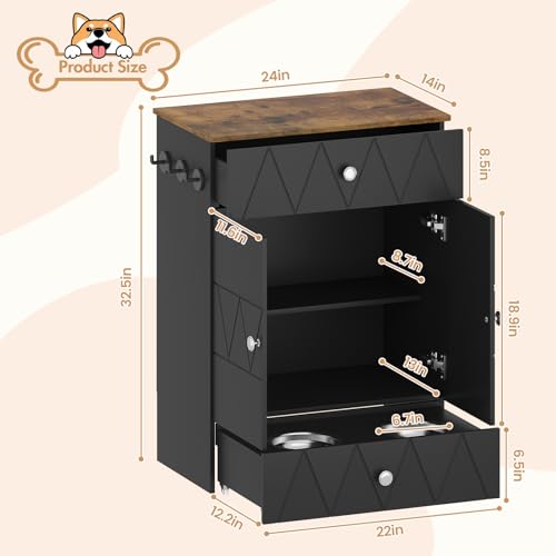 Pet Feeding Station with Storage, Raised Dog Bowls, Pet Feeder Cabinet, with Adjustable Shelves, Rolling Drawer, Hooks, for Feeding & Watering Supplies (Black) - color: Black