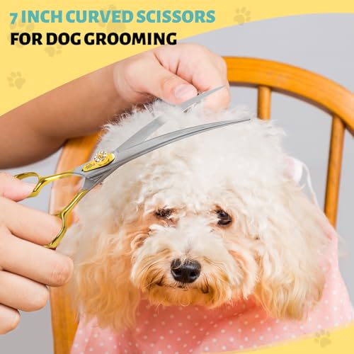 7 Inch Curved Dog Grooming Scissors Made Of 440C Stainless Steel Professional Downward Curved Pet Face Trimming Shears with Jewelled Screw, Sharp & Comfortable for Groomers - style: Gold Down-curved