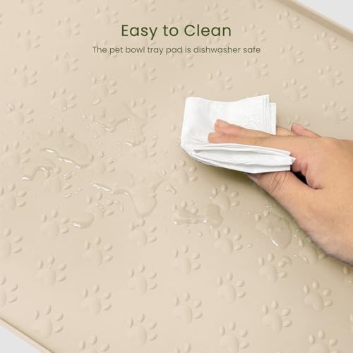 PWTAA Dog Food Mat Anti-Slip Silicone Dog Bowl Mat Thicker Pet Placemat Waterproof Cat Feeder Pad with Raised Edge Puppy Kitten Feeding Mats Suitable Small Medium-Sized Dogs Cats Eating Tray - color: Beige, size: 19.4" x 9.8"