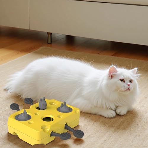 Cat Puzzle Toy in Yellow Cheese Shape, Interactive Slow Feeder Treat Dispenser, Whack A Mole Pet Toy for Brain Training, Helps Pace Eating and Ease Boredom for Cats and Dogs