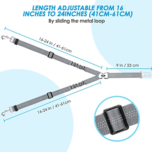SlowTon Dog Seat Belt, Double Dog Seatbelt Adjustable Vehicle Safety Leash with Elastic Bungee Buffer, Reflective No Tangle Y Shape Two Dog Harness Seat Belt Splitter for Pets Car Trip (Grey, S) - color: G.Grey, size: 2 Small in 1
