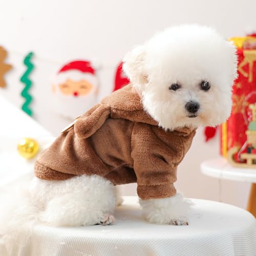 Reindeer Dog Costume Christmas Small Dog Hoodies with Antlers and Plush Ears Fleece Puppy Sweatshirt Winter Cat Clothes Cold Weather Coat Pet Santa Outfit (Brown, X-Small) - size: X-Small