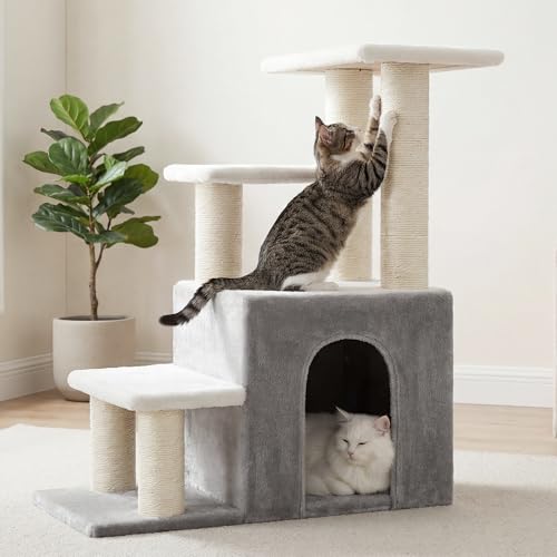 Heybly Cat Scratching Post, Sturdy Pet Stairs & Steps for Indoor Cats and Dogs, Small Cat Tree with Cat Condo, Full Wrapped Sisal Posts & Soft Rabbit-Like Plush Fabric, Light Gray & White HSP002SWWH - color: Light Gray