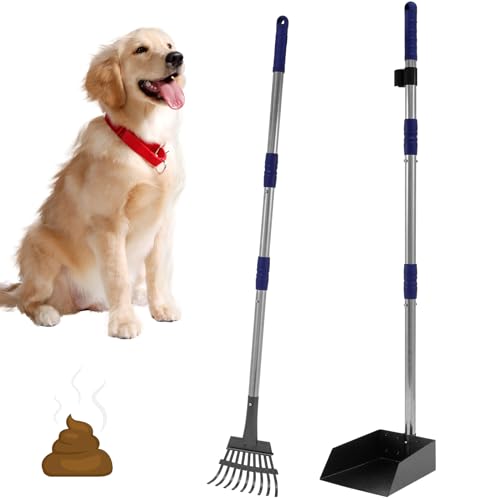 Pooper Scooper Metal Scooper Tray and Rake Set with 3 Stainless Steel Long Handle Removable Dog Pooper Scooper Multifunctional Poop Scoop Set for Pet Waste Removal on Grass and Gravel