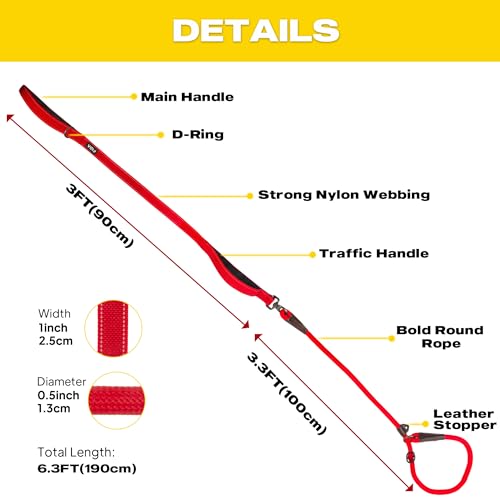 Fida 2-in-1 Slip Leads for Dogs with Double Handles, Tangle Free Leash for Large Dogs That Pull, Heavy Duty No Pull Training Leash Reflective Soft Padded for Large & Medium Breed(6ft,Red) - color: Red