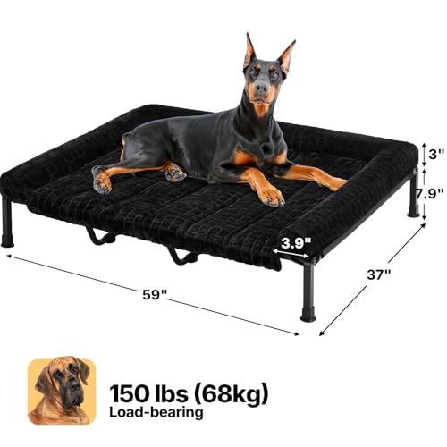 Veehoo Elevated Dog Beds Large Sized Dog with Fluffy Plush Bolster Cushion, Washable Orthopedic Dogs Couch Bed, Raised Pet Cot with Removable Mat, Breathable Mesh, No-Slip Feet, 59 x 37 inches, Black - color: Black, size: 59"L x 37"W x 7.9"Th