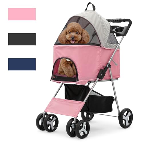 Magshion Foldable Pet Stroller, 3-in-1 Dog Travel Jogger with Detachable Carrier, Cup Holder, Storage Basket, Folding Carrier for Small/Medium Dogs & Cats Up to 33 lbs, Pink - color: Pink, style: Up to 33 lbs