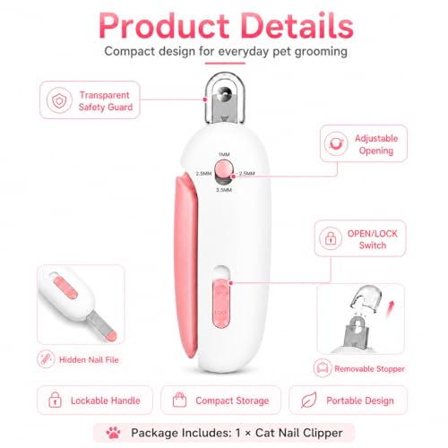 Wanheart Cat Nail Clipper, 4-Size Safety Guide, Catcher & File (Pink) | 4-size safety guide, nail catcher, curved steel blade, hidden file, lockable non-slip handle, pink - color: Pink