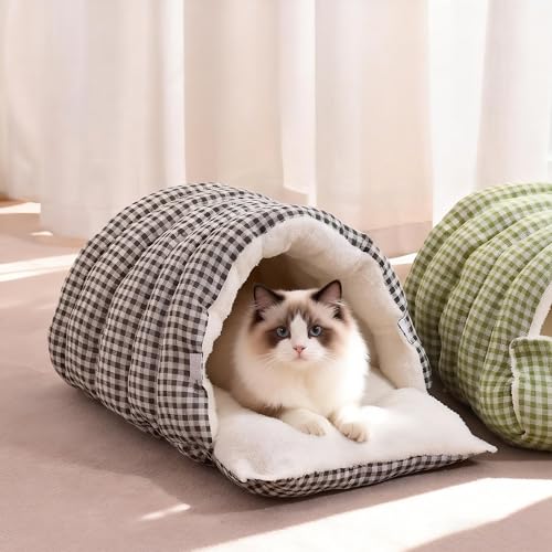 Small Cat Dog Cave Bed Calming Pet Nest Warm Plush Covered Cat House with Hooded Blanket Removable Hooded Blanket Cushion Washable Soft Calming Indoor Cat Bed(Gray, Medium) - color: Gray, size: Medium