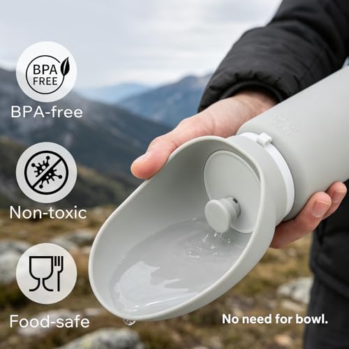 Dog Water Bottle 550ml with Collapsible Bowl Set, Leakproof Portable Pet Water Bottle, Silicone Travel Bottle for Walking, Hiking, Camping, Light Grey