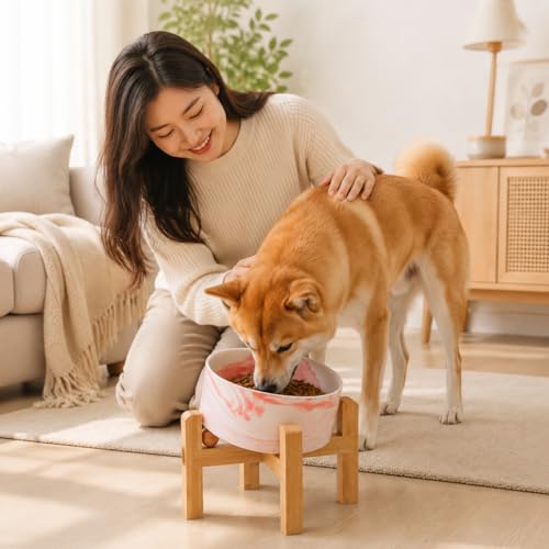 hjn Elevated Ceramic Dog Bowl 15°Slanted Raised Dog Bowl with Bamboo Stand for Small Medium Dogs and Cats, Pet Feeder -3.6-Cup (850ml)-Marble Pink - color: Marble Pink, size: 3.6Cup