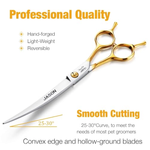 JASON 7.5" Curved Dog Grooming Scissors, Cats Grooming Shears Pets Trimming Kit for Right Handed Groomers, Sharp, Comfortable Shear