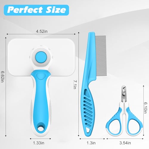 3PCS Cat Grooming Supplies, Cat Brush & Nail Clipper/Trimmer & Flea Comb for Shedding Indoor Cats Essentials Stuff Accessories (Blue) - color: Blue